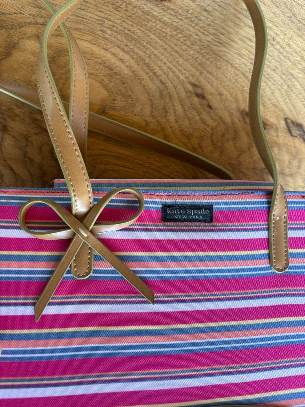 Kate Spade Striped Pink Canvas Tote with Tan Trim and Bow